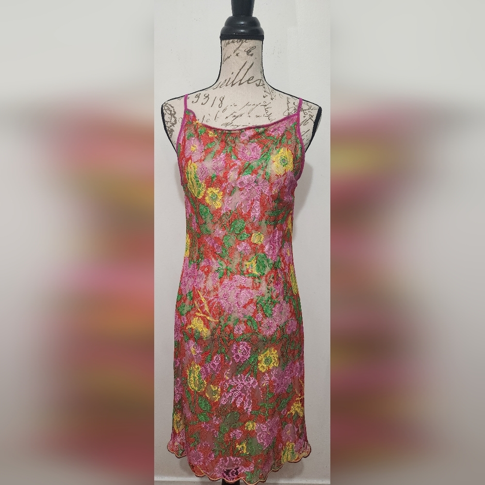 Vintage Roccobarocco Pink Mesh/Lace Floral Slip Dress. Size 10. Garden Party